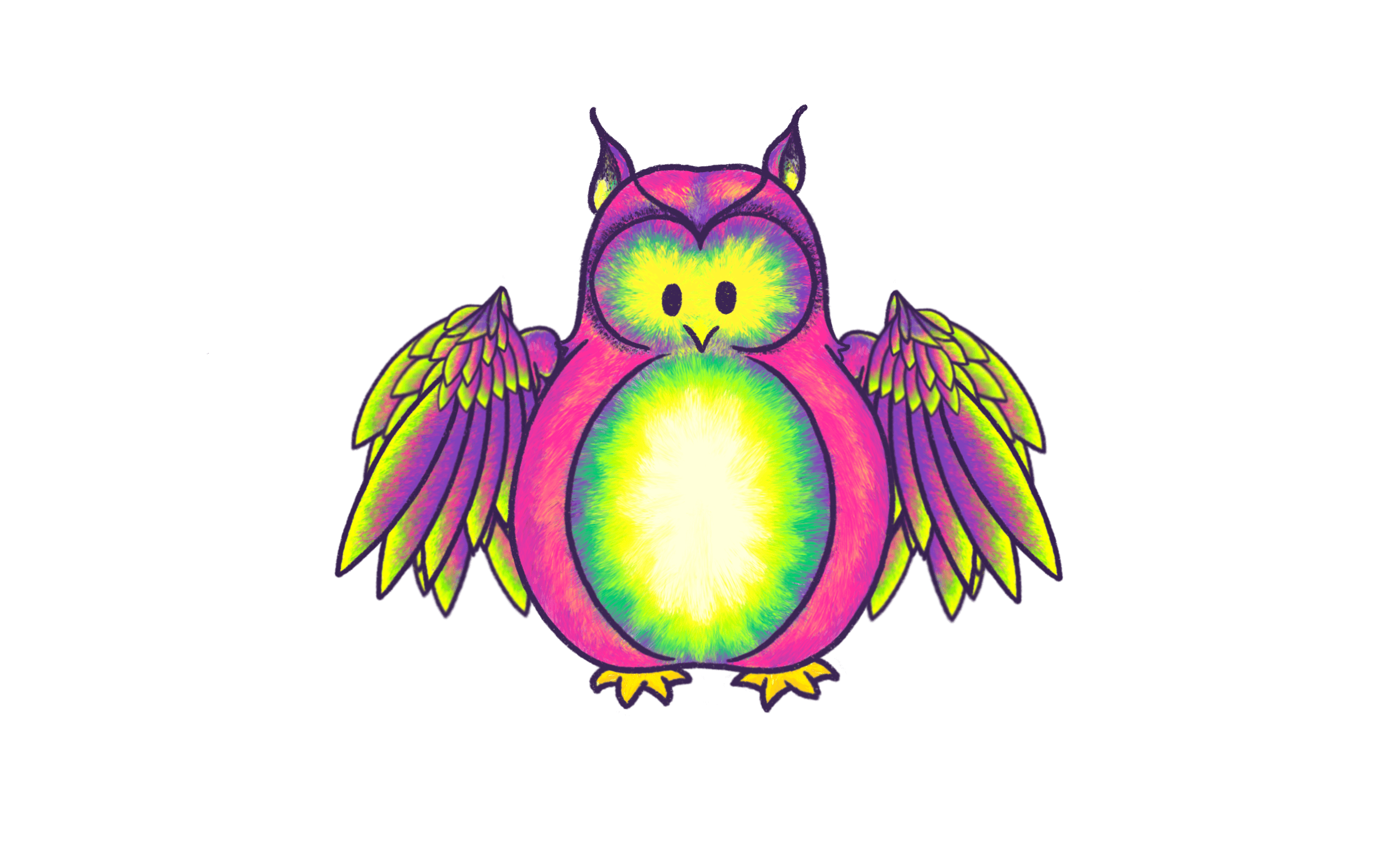 Fat Fuzzy, a colorful owl, spreading its wings midway