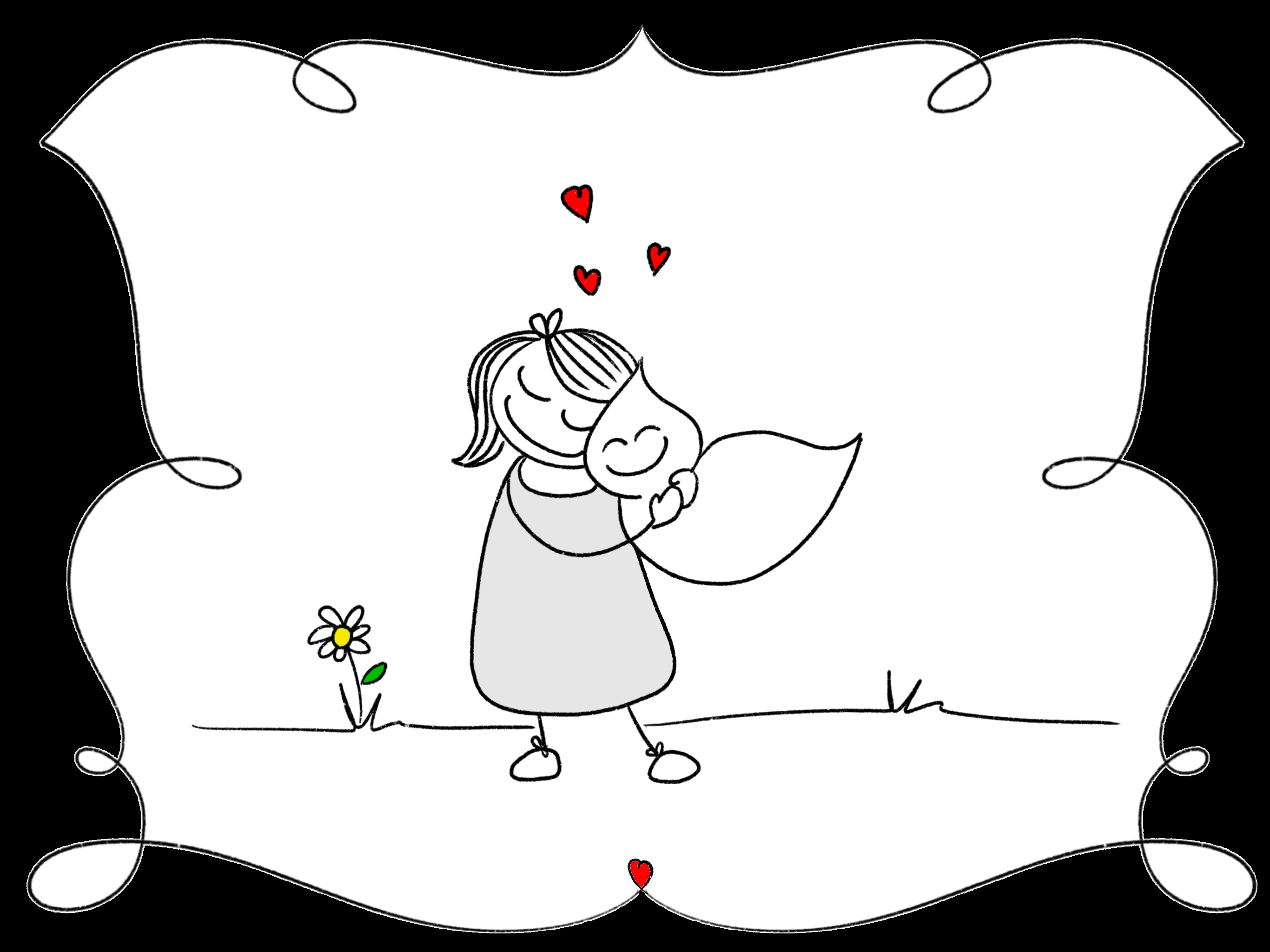 A black and white line drawing of a comic style stick girl that lovingly squeezes her floaty creature friend in a tight hug. The friend looks like a mix between a cute ghost and a balloon tied in the middle with pointy head and lower body like two meringues stuck where its neck is. There is a red heart coming out of the squeeze, and a small white and yellow flower with a green stem in the background. The scene is framed by a symmetrical wavy black background. 