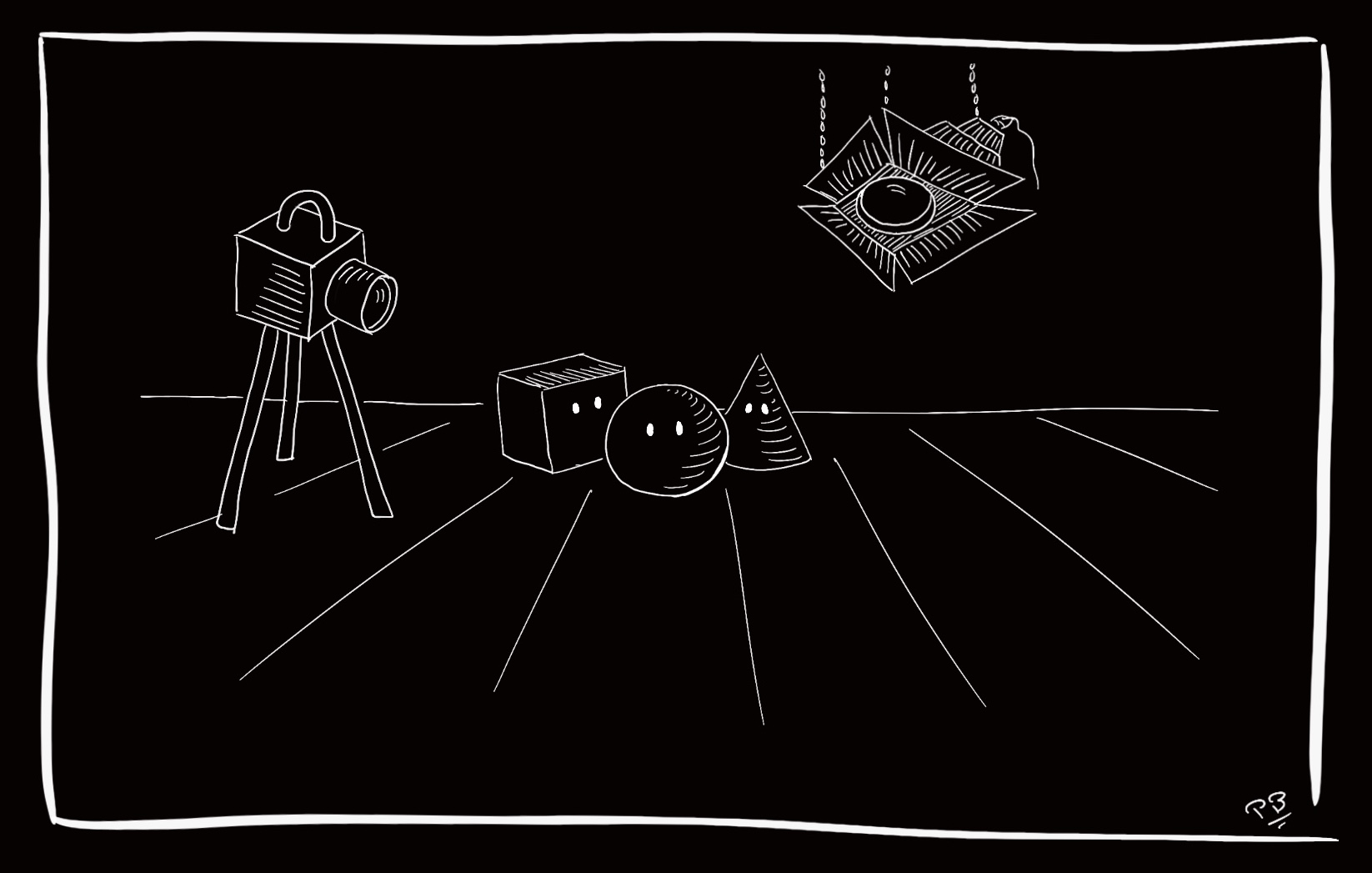 A white on black drawing showing a one-point perspective scene where a cube, a sphere and a cone pose at the center of the stage, with their little white eyes looking to the spectator. To the left, an old-school camera on a tripod is aiming at them, and hanging from the ceiling to the right, a stage light is also aiming at them. It represents a WebGL scene as if it where a film being made.
